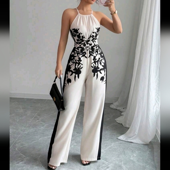 Spaghetti Strap Floral Print High Waist Loose Straight Wide Leg Jumpsuit - Picture 3 of 4